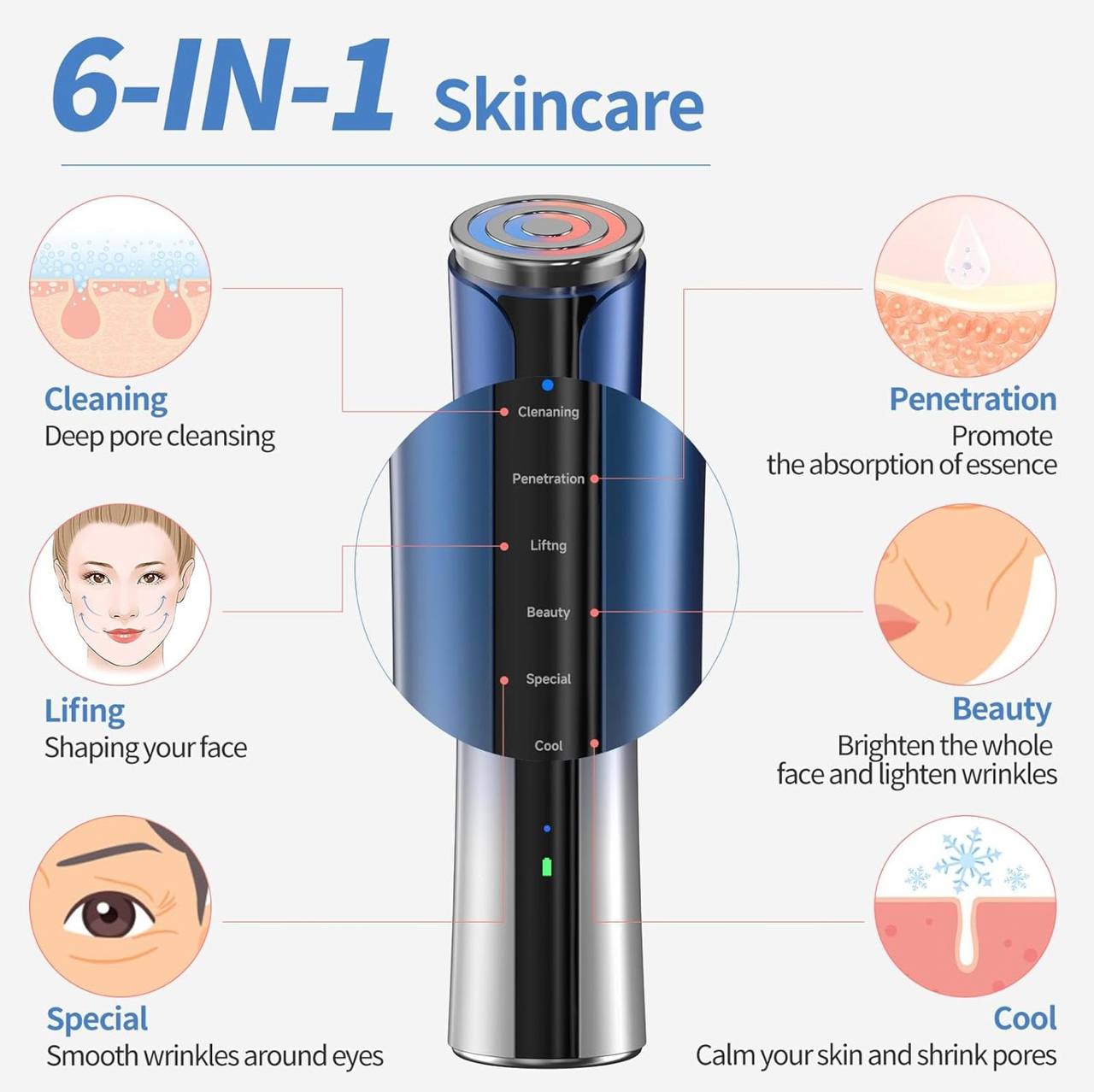 6-in-1 Microcurrent Facial Device - Glow-Boosting Massager for Face Skin Rejuvenation